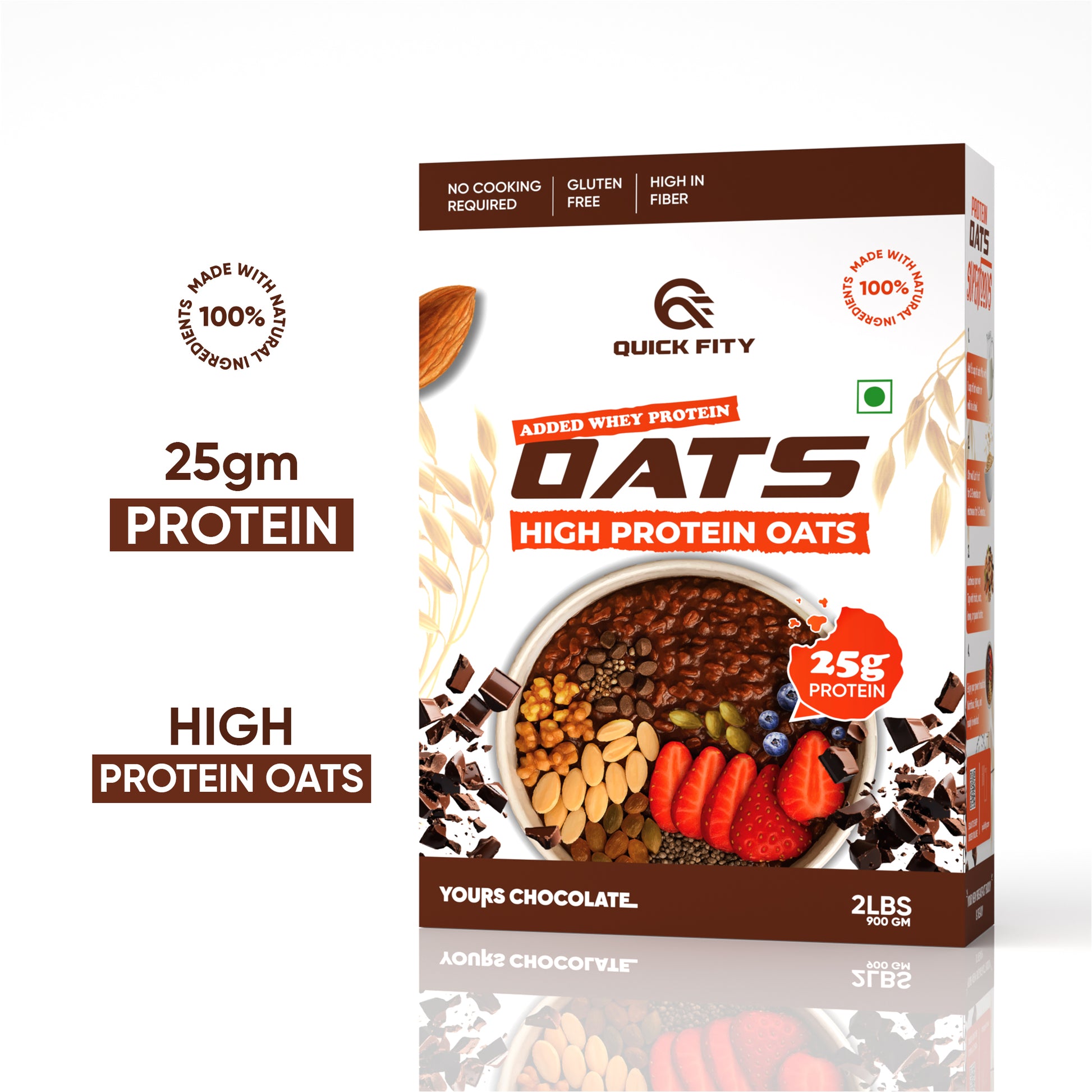 Box of Quick Fity High Protein Oats with nutritional information on a white background with some USP points