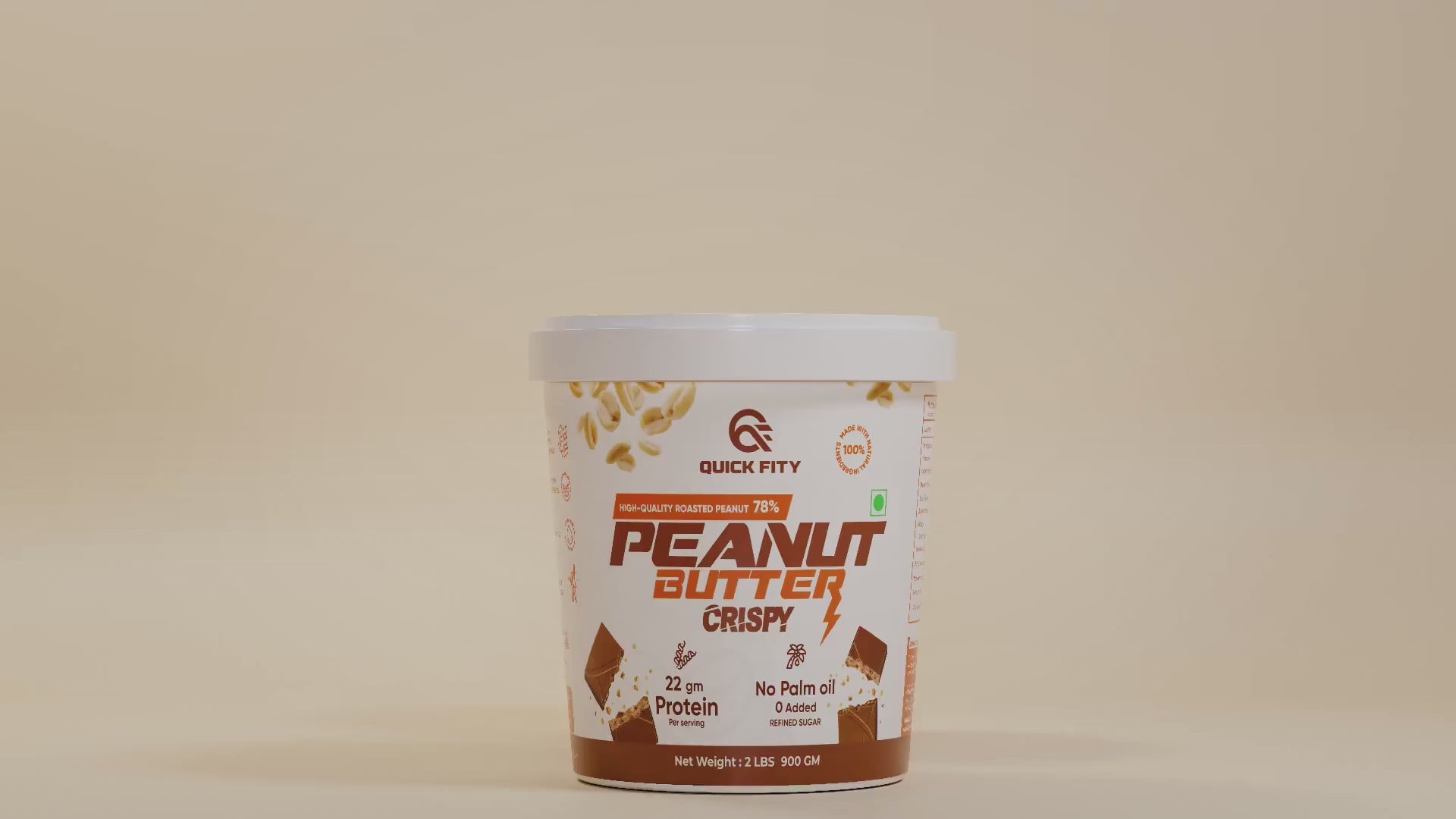 Quickfity peanut butter crispy, 22gm protein per serving, High quality roasted peanut 78%, No palm oil.
