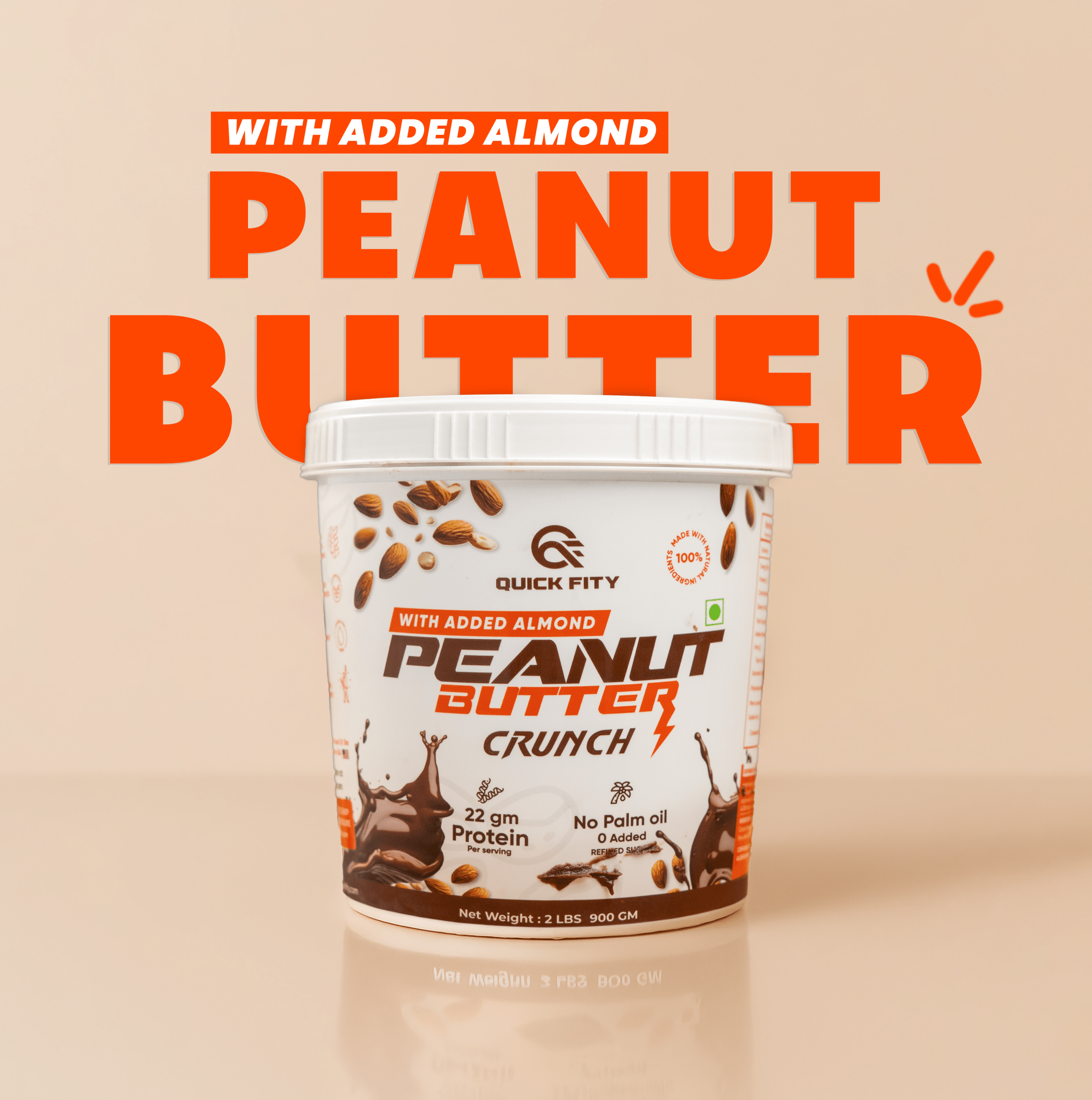 QuickFity High protein Peanut Butter Crunch with almond - 23gm Protein per serving, no palm oil, no added refined sugar.
