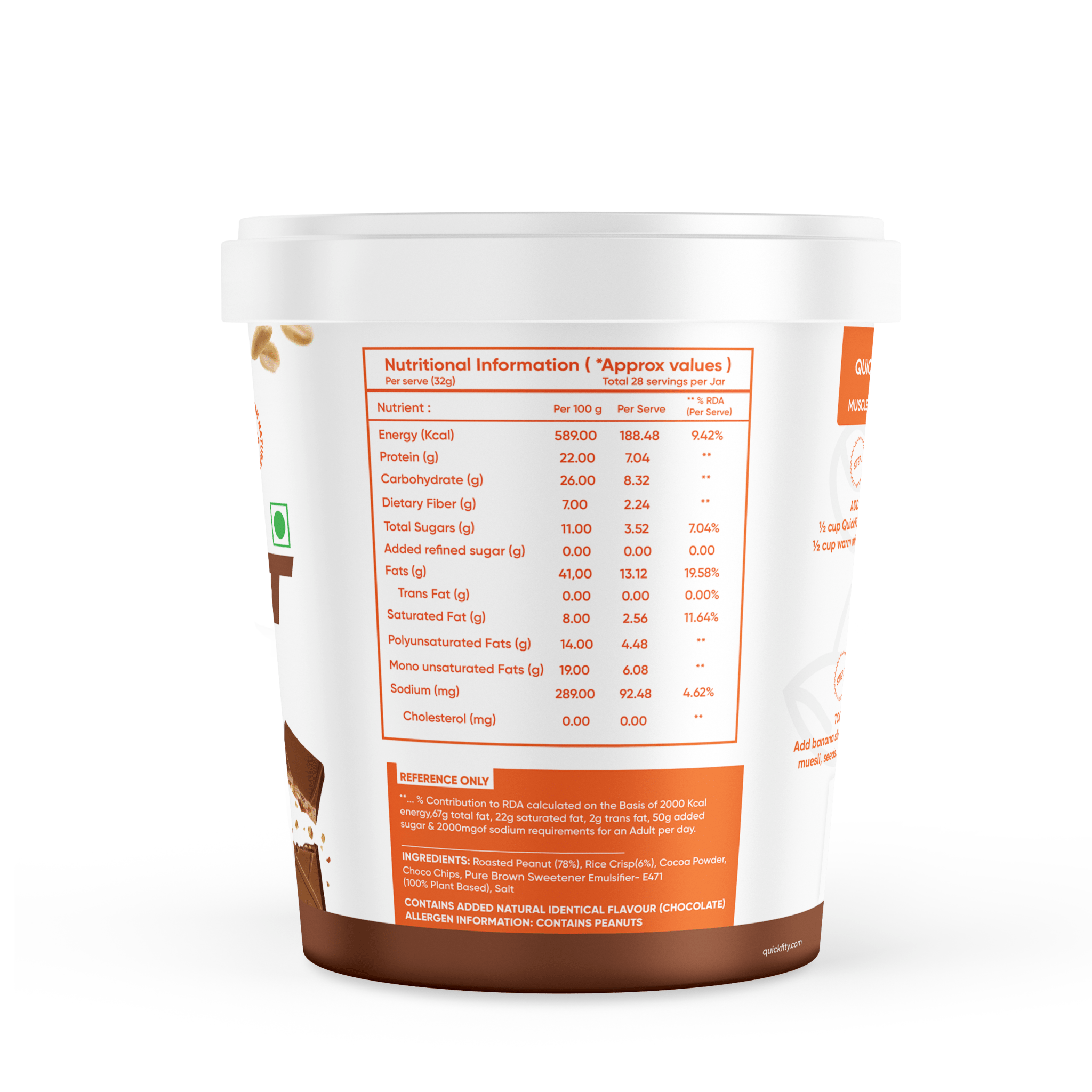 quickfity | Nutrition Information,  per serving 32gm, Total 28 serving per jar, quickfity peanut butter