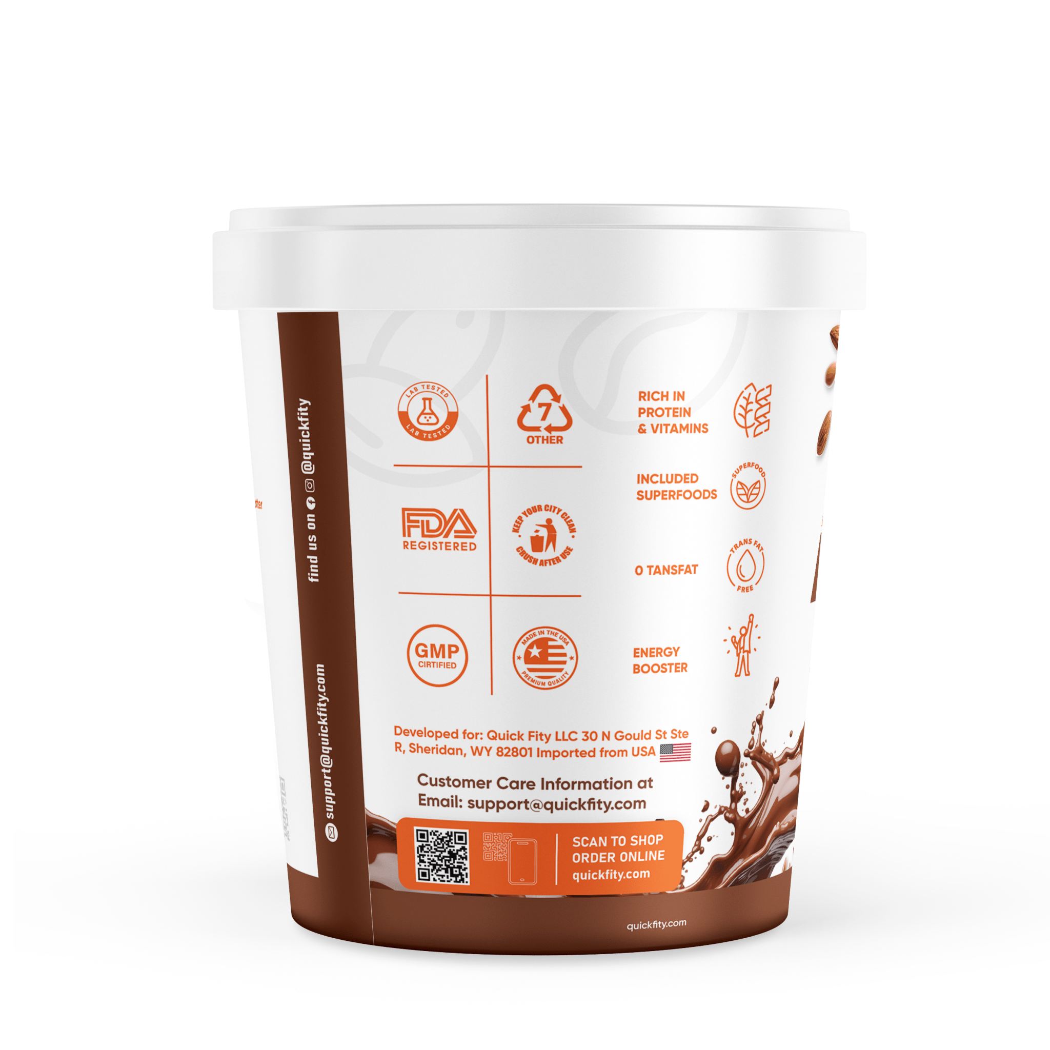 Quickfity Peanut Butter packaging back view showing benefits - Rich in protein & vitamins, added superfoods.