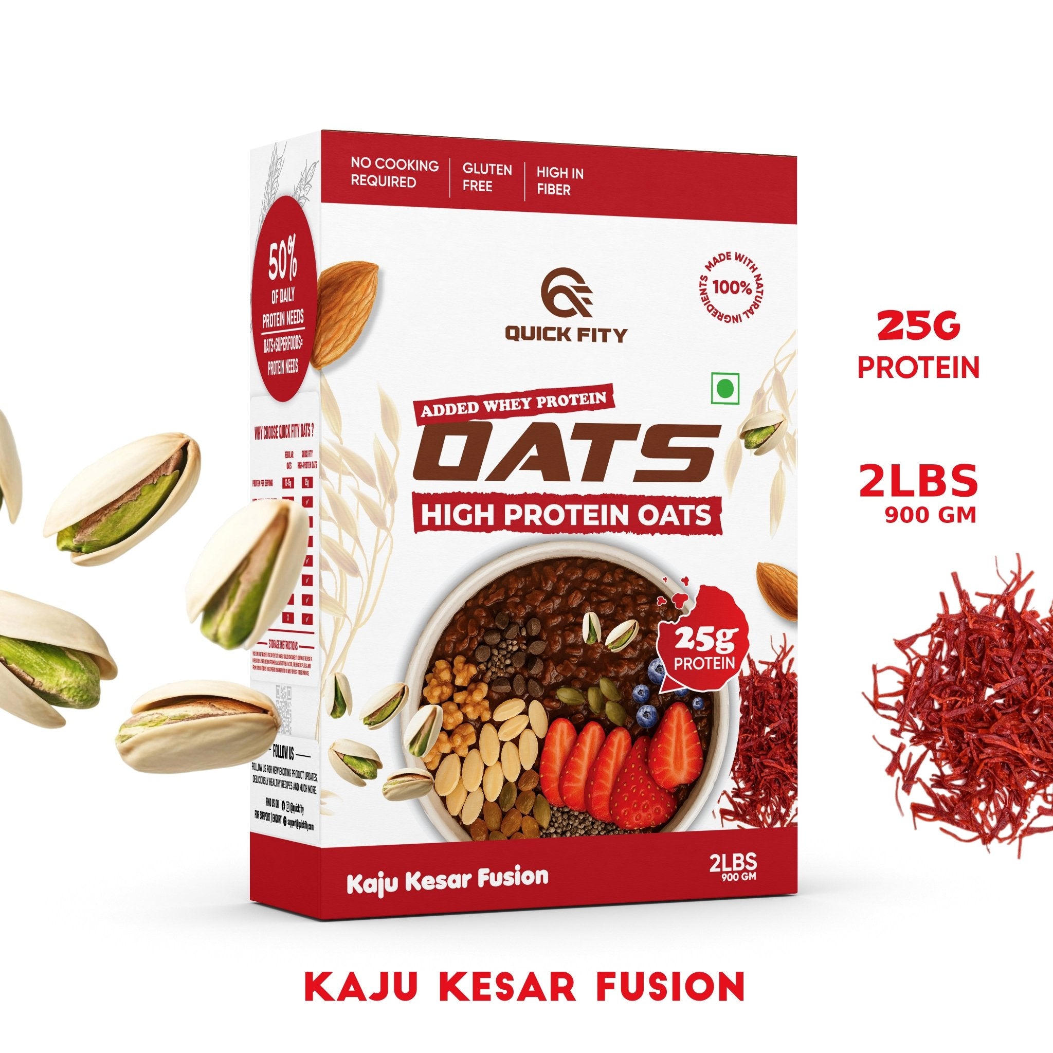 Quickfity Kaju kesar Oats, No cooking Required, Gluten free, High in Fiber, High Protein Oats, Added Whey Protein.