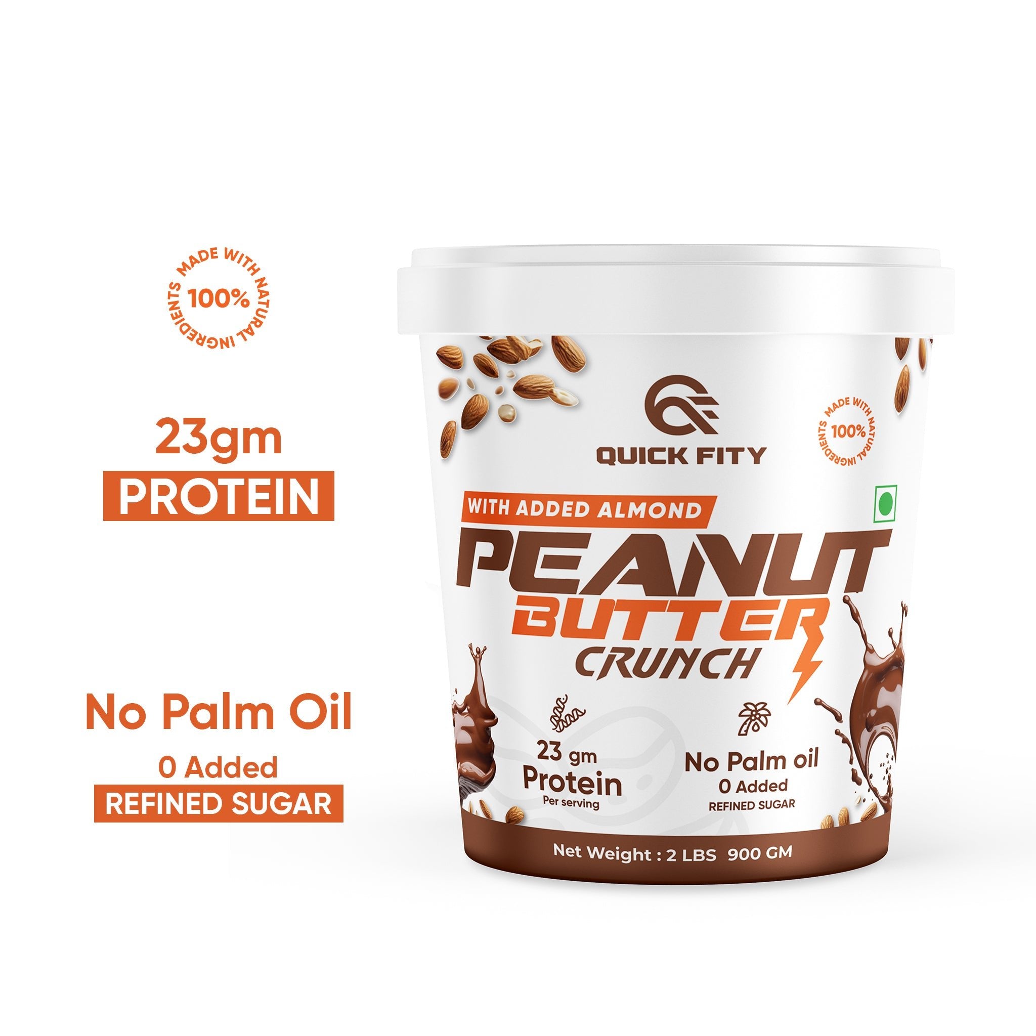 Quickfity Peanut Butter Crunch with Almond - 23g Protein per serving, No Palm Oil, No Added Refined Sugar.